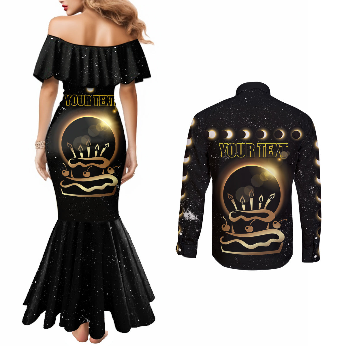 Personalized Total Solar Eclipse 2024 Couples Matching Mermaid Dress and Long Sleeve Button Shirt My Birthday Present From The Universe