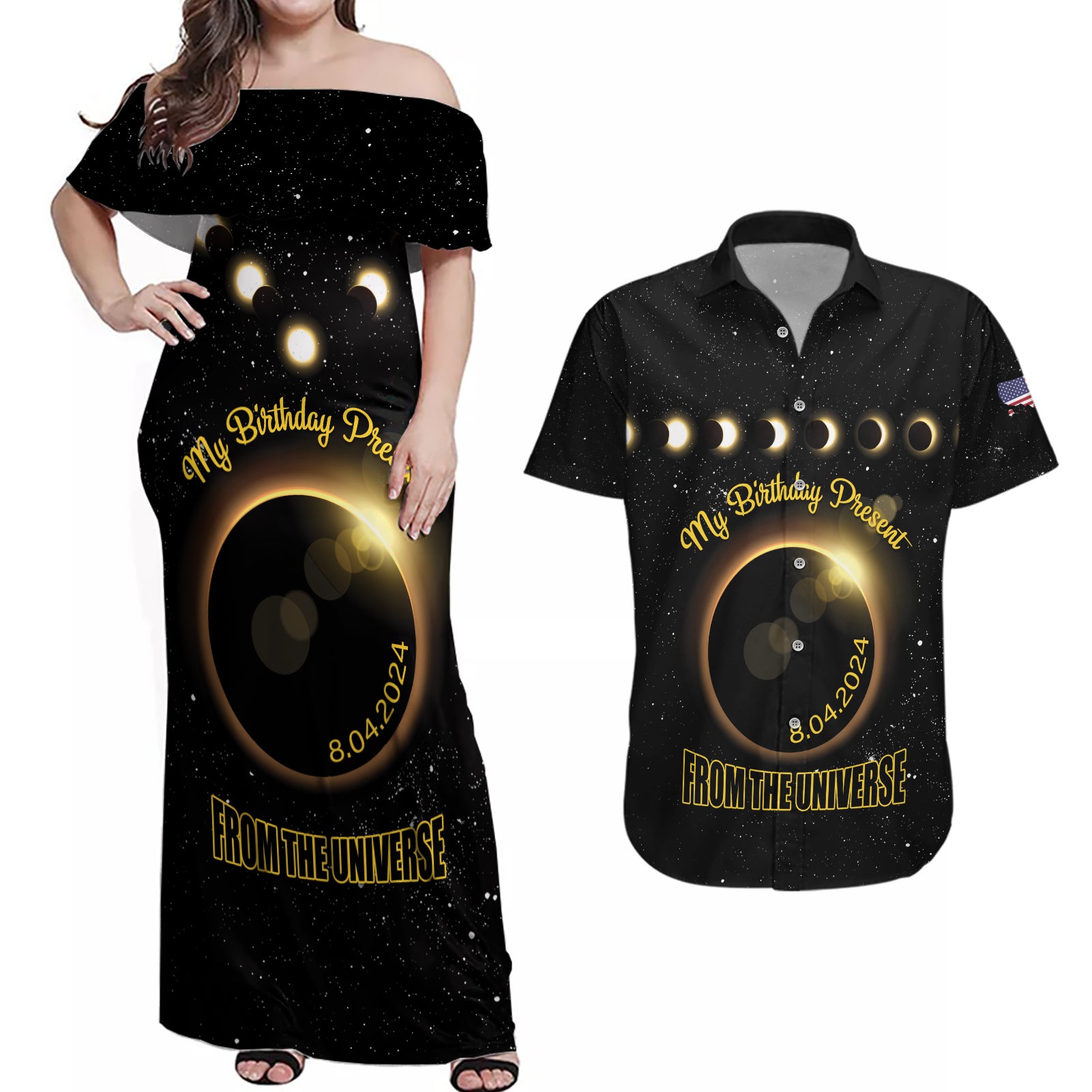 Personalized Total Solar Eclipse 2024 Couples Matching Off Shoulder Maxi Dress and Hawaiian Shirt My Birthday Present From The Universe - Wonder Print Shop