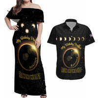 Personalized Total Solar Eclipse 2024 Couples Matching Off Shoulder Maxi Dress and Hawaiian Shirt My Birthday Present From The Universe - Wonder Print Shop