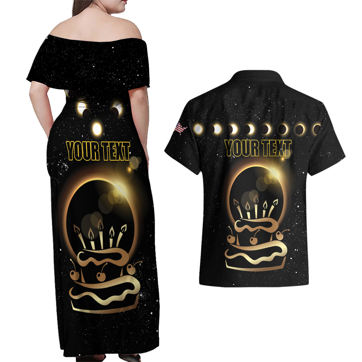 Personalized Total Solar Eclipse 2024 Couples Matching Off Shoulder Maxi Dress and Hawaiian Shirt My Birthday Present From The Universe - Wonder Print Shop