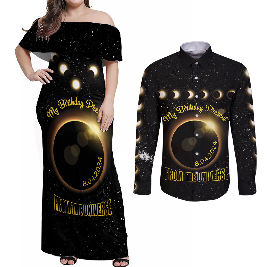 Personalized Total Solar Eclipse 2024 Couples Matching Off Shoulder Maxi Dress and Long Sleeve Button Shirt My Birthday Present From The Universe - Wonder Print Shop