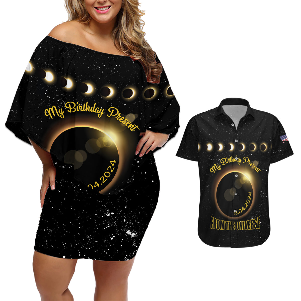 Personalized Total Solar Eclipse 2024 Couples Matching Off Shoulder Short Dress and Hawaiian Shirt My Birthday Present From The Universe - Wonder Print Shop