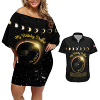 Personalized Total Solar Eclipse 2024 Couples Matching Off Shoulder Short Dress and Hawaiian Shirt My Birthday Present From The Universe - Wonder Print Shop