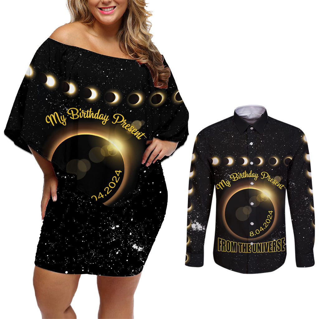 Personalized Total Solar Eclipse 2024 Couples Matching Off Shoulder Short Dress and Long Sleeve Button Shirt My Birthday Present From The Universe - Wonder Print Shop