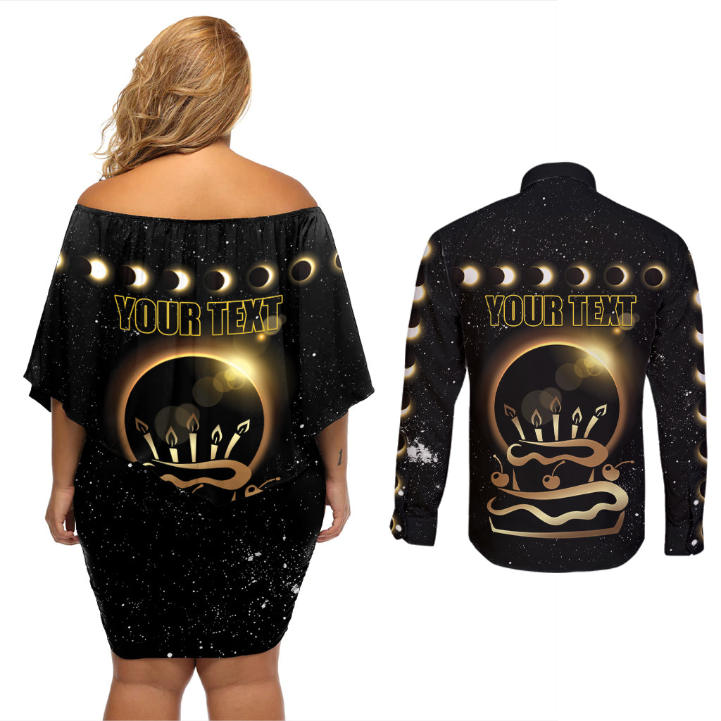 Personalized Total Solar Eclipse 2024 Couples Matching Off Shoulder Short Dress and Long Sleeve Button Shirt My Birthday Present From The Universe - Wonder Print Shop