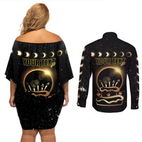 Personalized Total Solar Eclipse 2024 Couples Matching Off Shoulder Short Dress and Long Sleeve Button Shirt My Birthday Present From The Universe - Wonder Print Shop