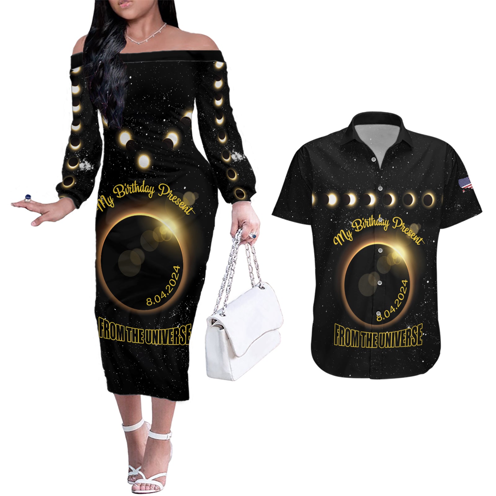 Personalized Total Solar Eclipse 2024 Couples Matching Off The Shoulder Long Sleeve Dress and Hawaiian Shirt My Birthday Present From The Universe - Wonder Print Shop