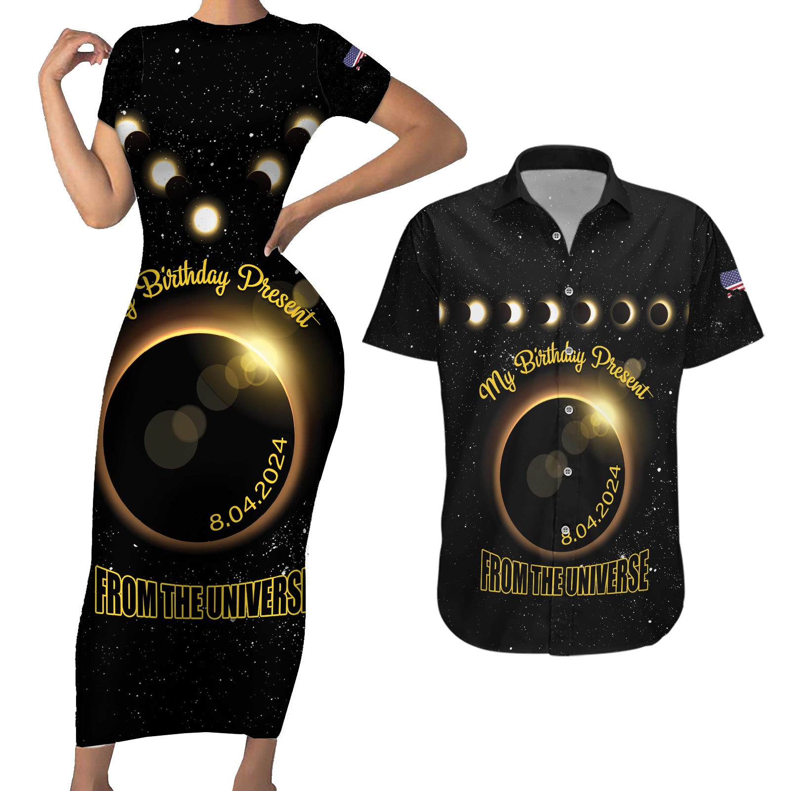 Personalized Total Solar Eclipse 2024 Couples Matching Short Sleeve Bodycon Dress and Hawaiian Shirt My Birthday Present From The Universe - Wonder Print Shop