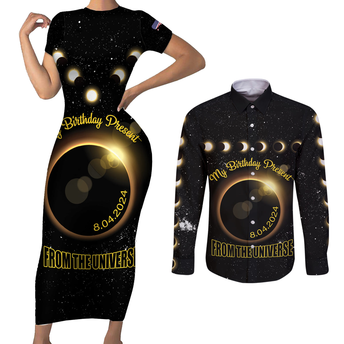 Personalized Total Solar Eclipse 2024 Couples Matching Short Sleeve Bodycon Dress and Long Sleeve Button Shirt My Birthday Present From The Universe - Wonder Print Shop