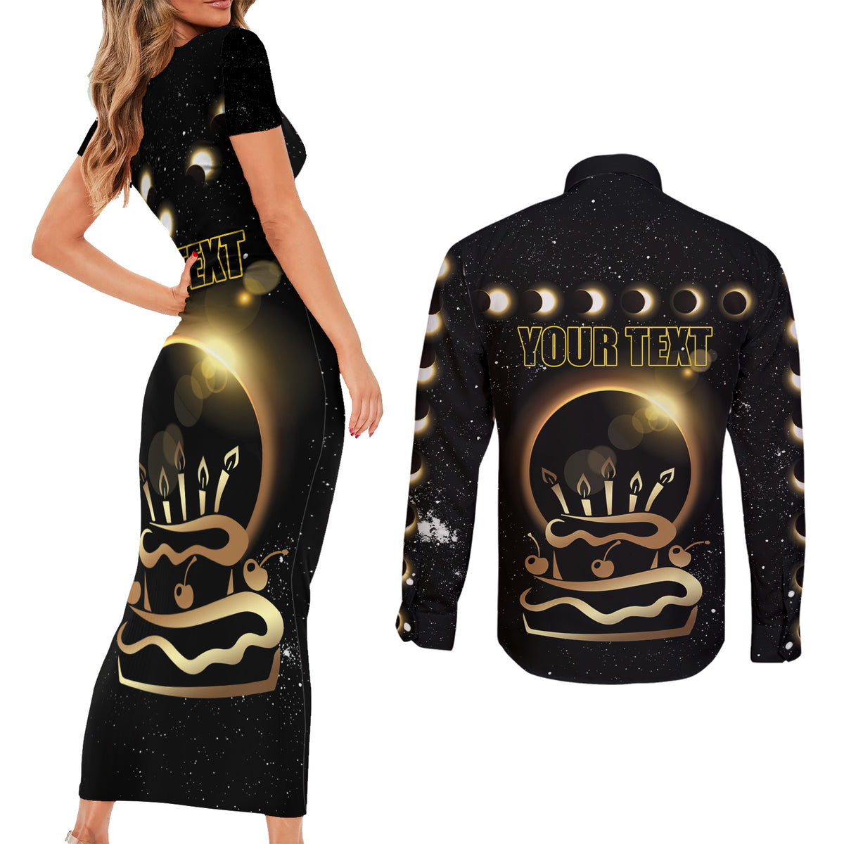 Personalized Total Solar Eclipse 2024 Couples Matching Short Sleeve Bodycon Dress and Long Sleeve Button Shirt My Birthday Present From The Universe - Wonder Print Shop