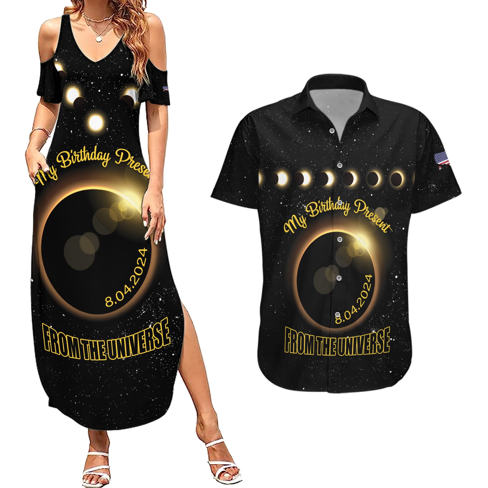 Personalized Total Solar Eclipse 2024 Couples Matching Summer Maxi Dress and Hawaiian Shirt My Birthday Present From The Universe - Wonder Print Shop