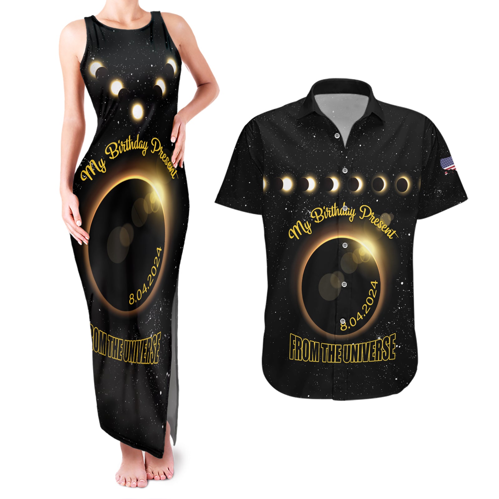 Personalized Total Solar Eclipse 2024 Couples Matching Tank Maxi Dress and Hawaiian Shirt My Birthday Present From The Universe - Wonder Print Shop