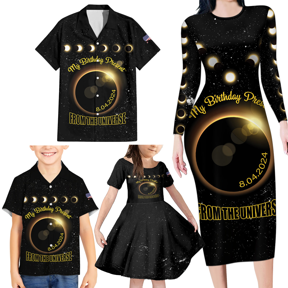 Personalized Total Solar Eclipse 2024 Family Matching Long Sleeve Bodycon Dress and Hawaiian Shirt My Birthday Present From The Universe - Wonder Print Shop