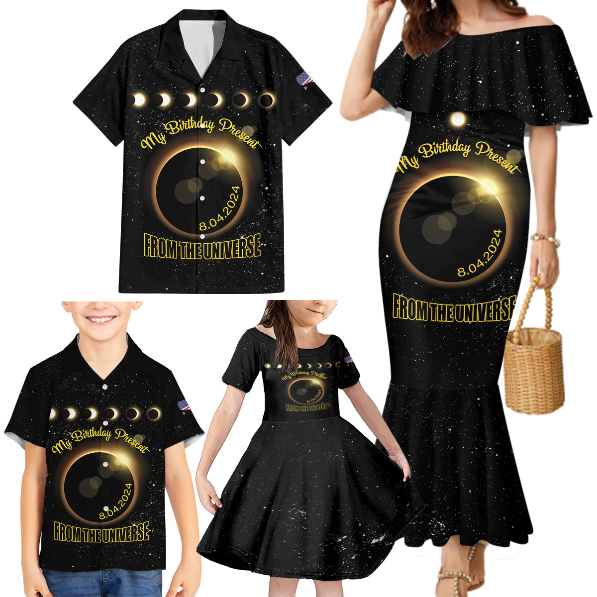 Personalized Total Solar Eclipse 2024 Family Matching Mermaid Dress and Hawaiian Shirt My Birthday Present From The Universe - Wonder Print Shop