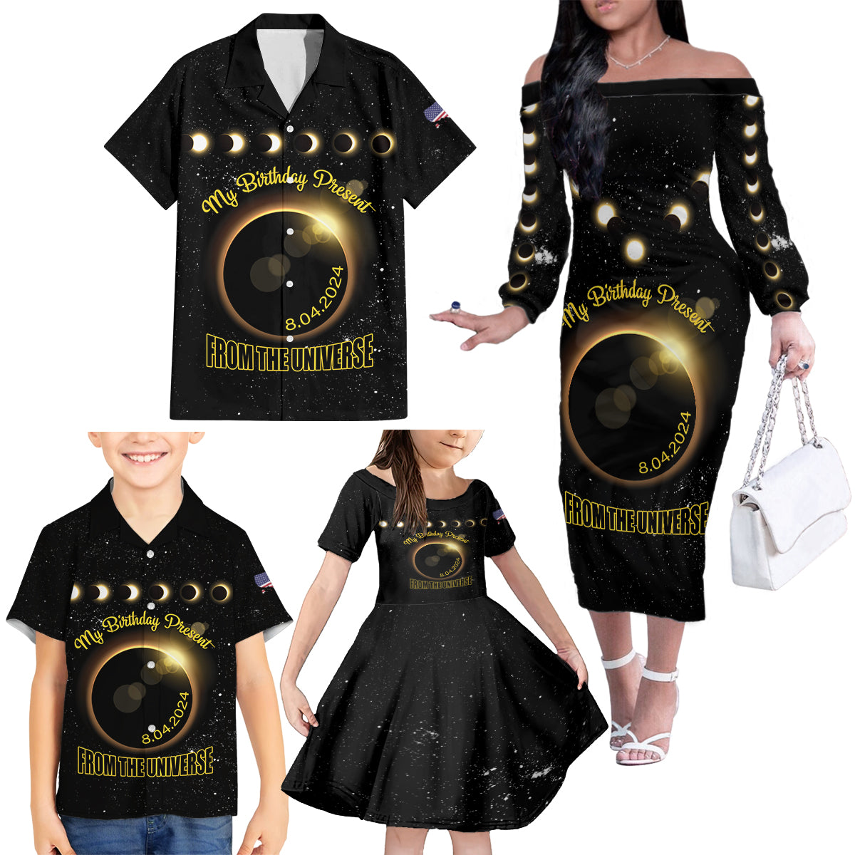 Personalized Total Solar Eclipse 2024 Family Matching Off The Shoulder Long Sleeve Dress and Hawaiian Shirt My Birthday Present From The Universe - Wonder Print Shop