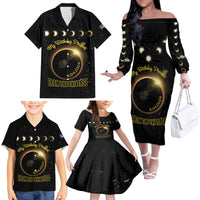 Personalized Total Solar Eclipse 2024 Family Matching Off The Shoulder Long Sleeve Dress and Hawaiian Shirt My Birthday Present From The Universe - Wonder Print Shop