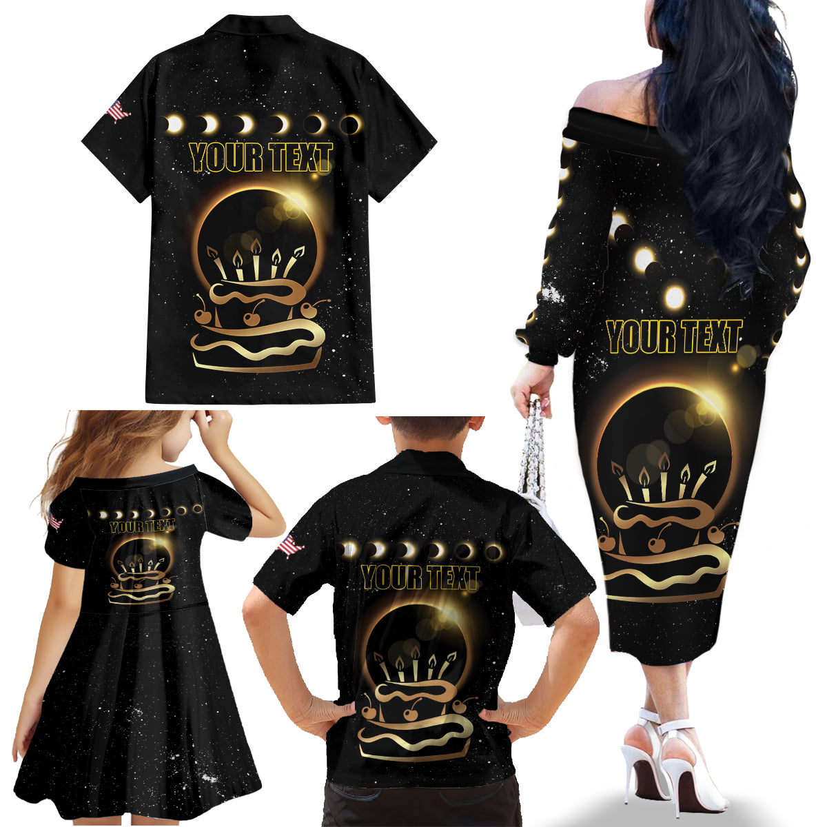 Personalized Total Solar Eclipse 2024 Family Matching Off The Shoulder Long Sleeve Dress and Hawaiian Shirt My Birthday Present From The Universe - Wonder Print Shop