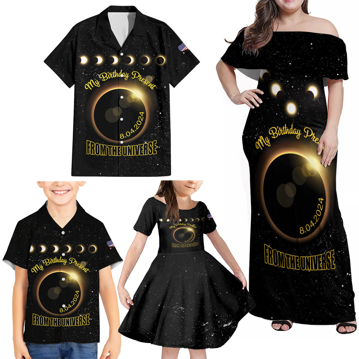 Personalized Total Solar Eclipse 2024 Family Matching Off Shoulder Maxi Dress and Hawaiian Shirt My Birthday Present From The Universe - Wonder Print Shop