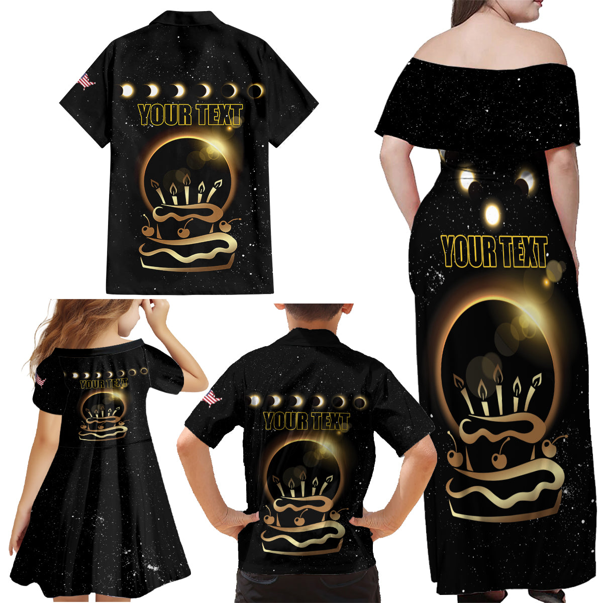Personalized Total Solar Eclipse 2024 Family Matching Off Shoulder Maxi Dress and Hawaiian Shirt My Birthday Present From The Universe - Wonder Print Shop