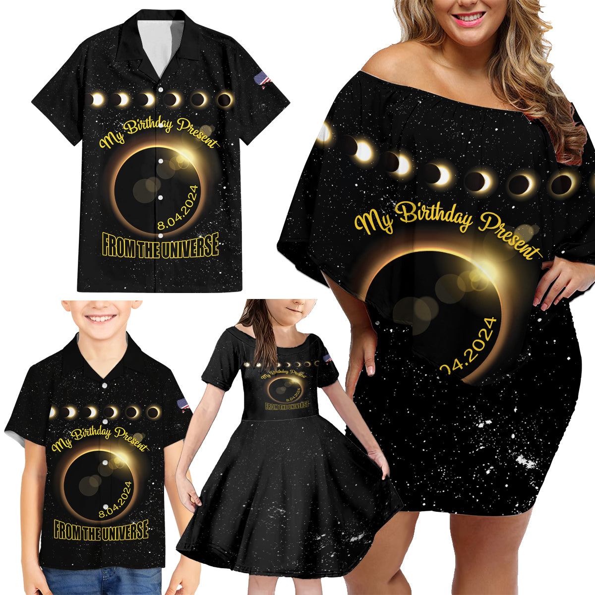 Personalized Total Solar Eclipse 2024 Family Matching Off Shoulder Short Dress and Hawaiian Shirt My Birthday Present From The Universe - Wonder Print Shop