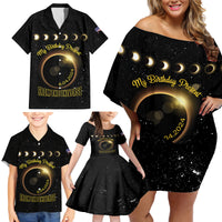 Personalized Total Solar Eclipse 2024 Family Matching Off Shoulder Short Dress and Hawaiian Shirt My Birthday Present From The Universe - Wonder Print Shop