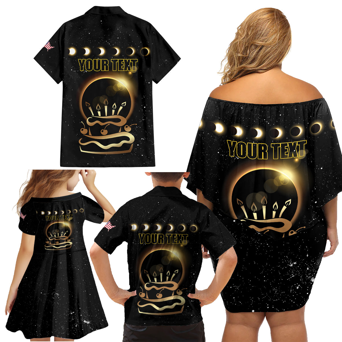 Personalized Total Solar Eclipse 2024 Family Matching Off Shoulder Short Dress and Hawaiian Shirt My Birthday Present From The Universe - Wonder Print Shop