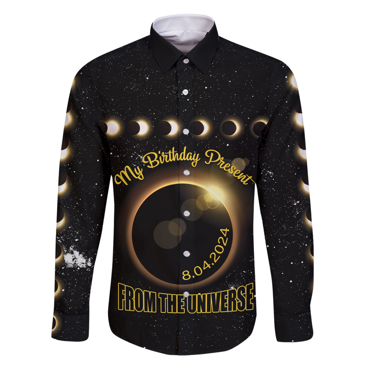 Personalized Total Solar Eclipse 2024 Family Matching Off Shoulder Short Dress and Hawaiian Shirt My Birthday Present From The Universe - Wonder Print Shop