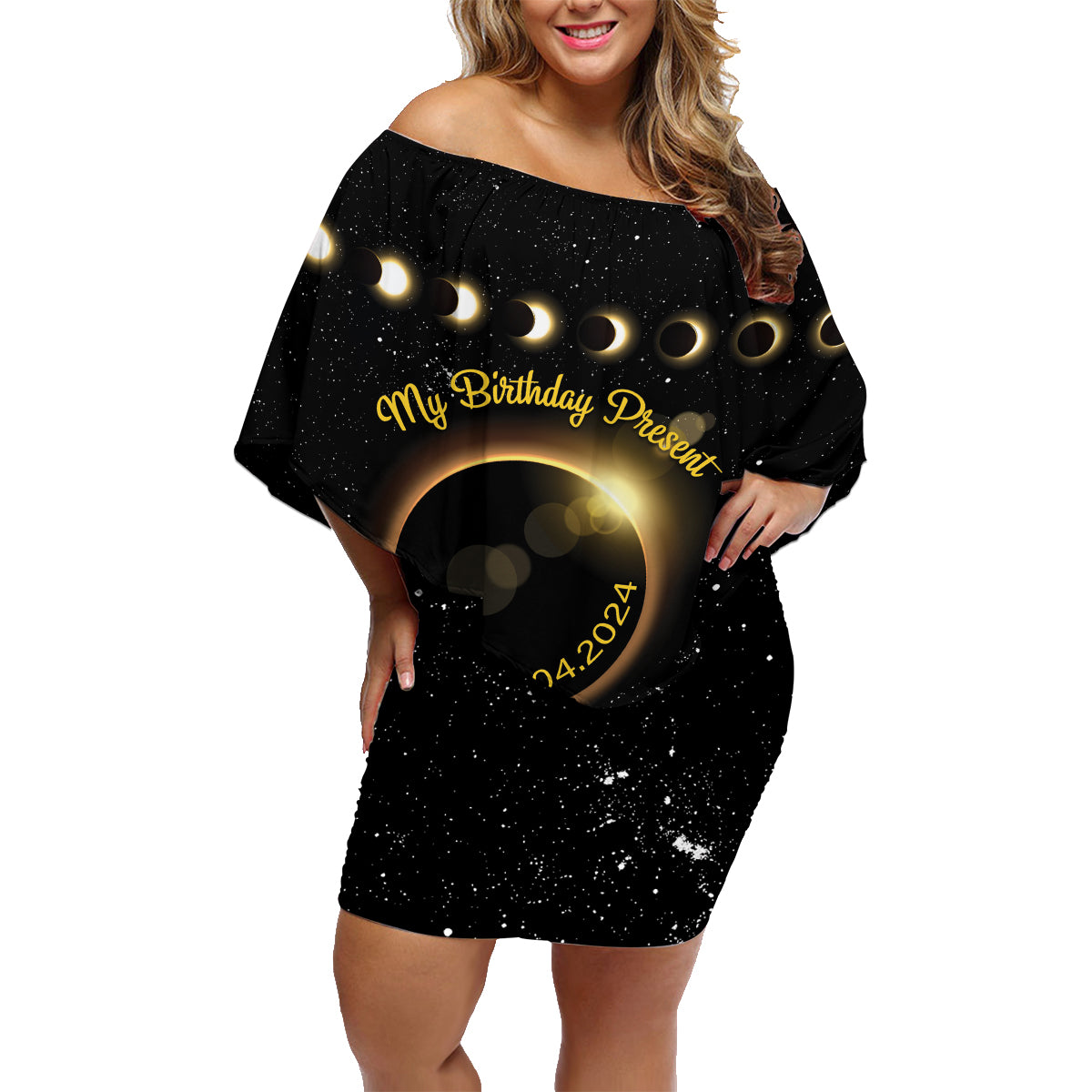 Personalized Total Solar Eclipse 2024 Family Matching Off Shoulder Short Dress and Hawaiian Shirt My Birthday Present From The Universe - Wonder Print Shop