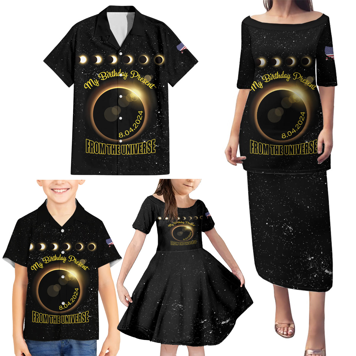 Personalized Total Solar Eclipse 2024 Family Matching Puletasi and Hawaiian Shirt My Birthday Present From The Universe - Wonder Print Shop