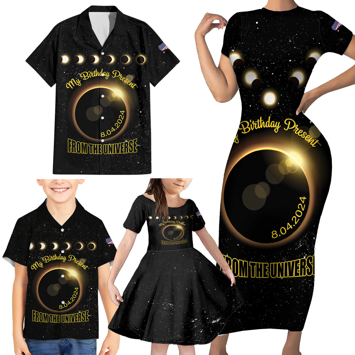 Personalized Total Solar Eclipse 2024 Family Matching Short Sleeve Bodycon Dress and Hawaiian Shirt My Birthday Present From The Universe - Wonder Print Shop