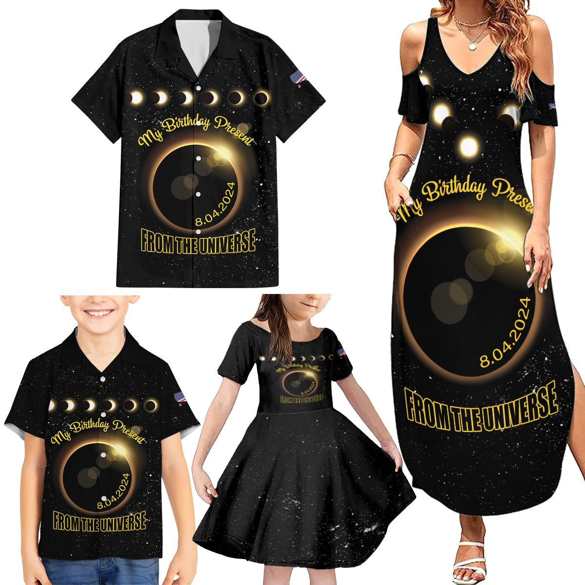 Personalized Total Solar Eclipse 2024 Family Matching Summer Maxi Dress and Hawaiian Shirt My Birthday Present From The Universe - Wonder Print Shop