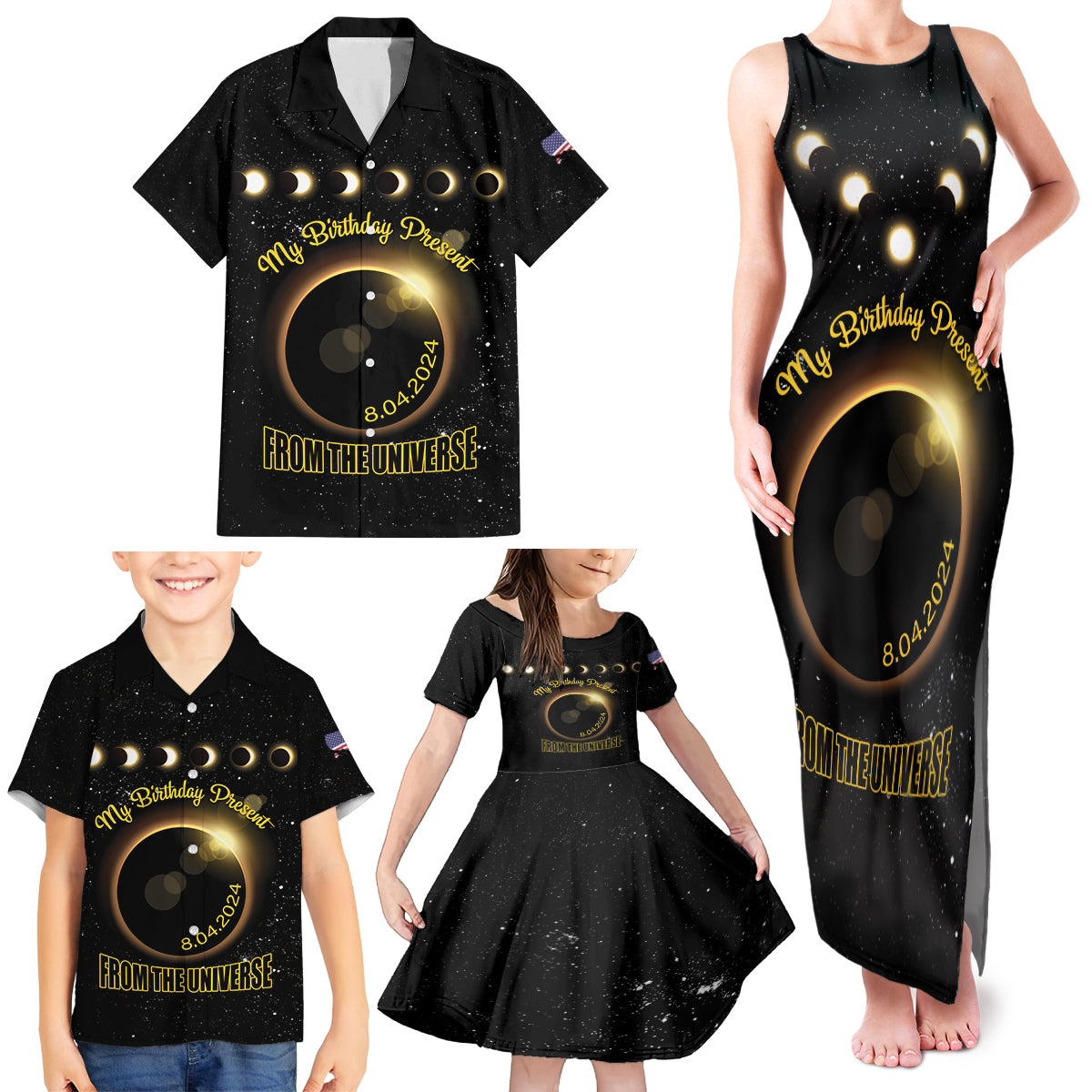 Personalized Total Solar Eclipse 2024 Family Matching Tank Maxi Dress and Hawaiian Shirt My Birthday Present From The Universe - Wonder Print Shop
