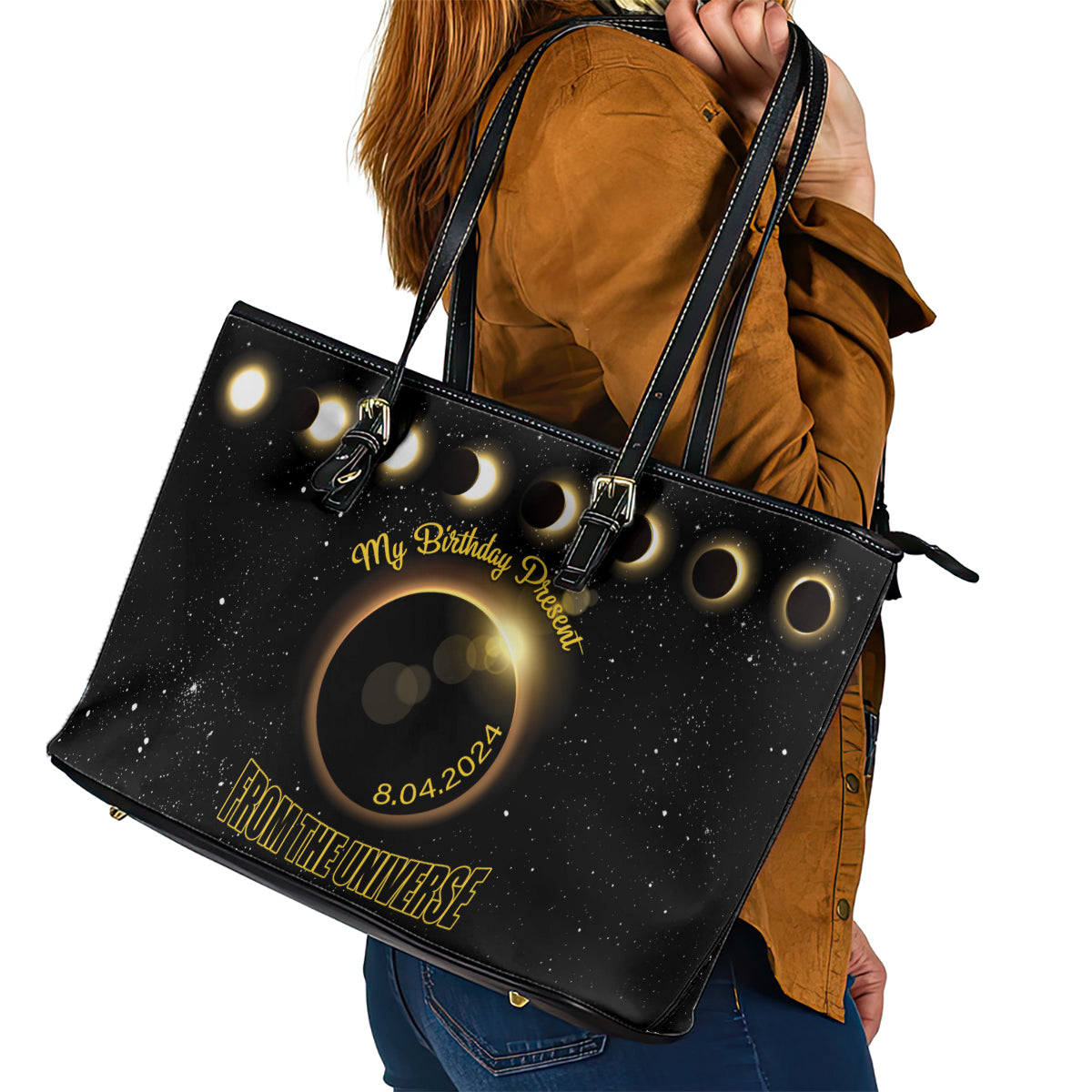 Total Solar Eclipse 2024 Leather Tote Bag My Birthday Present From The Universe - Wonder Print Shop