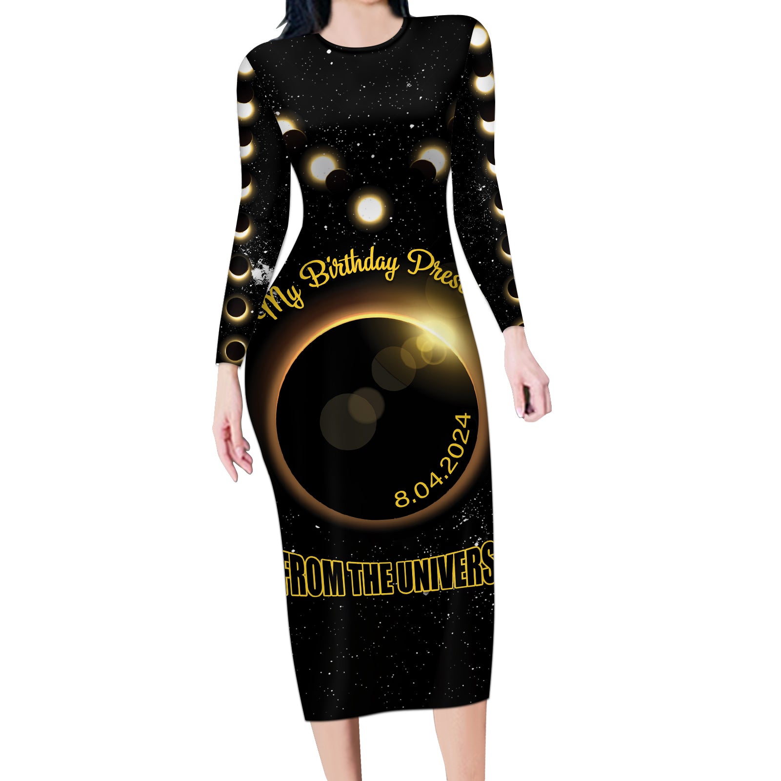 Personalized Total Solar Eclipse 2024 Long Sleeve Bodycon Dress My Birthday Present From The Universe - Wonder Print Shop