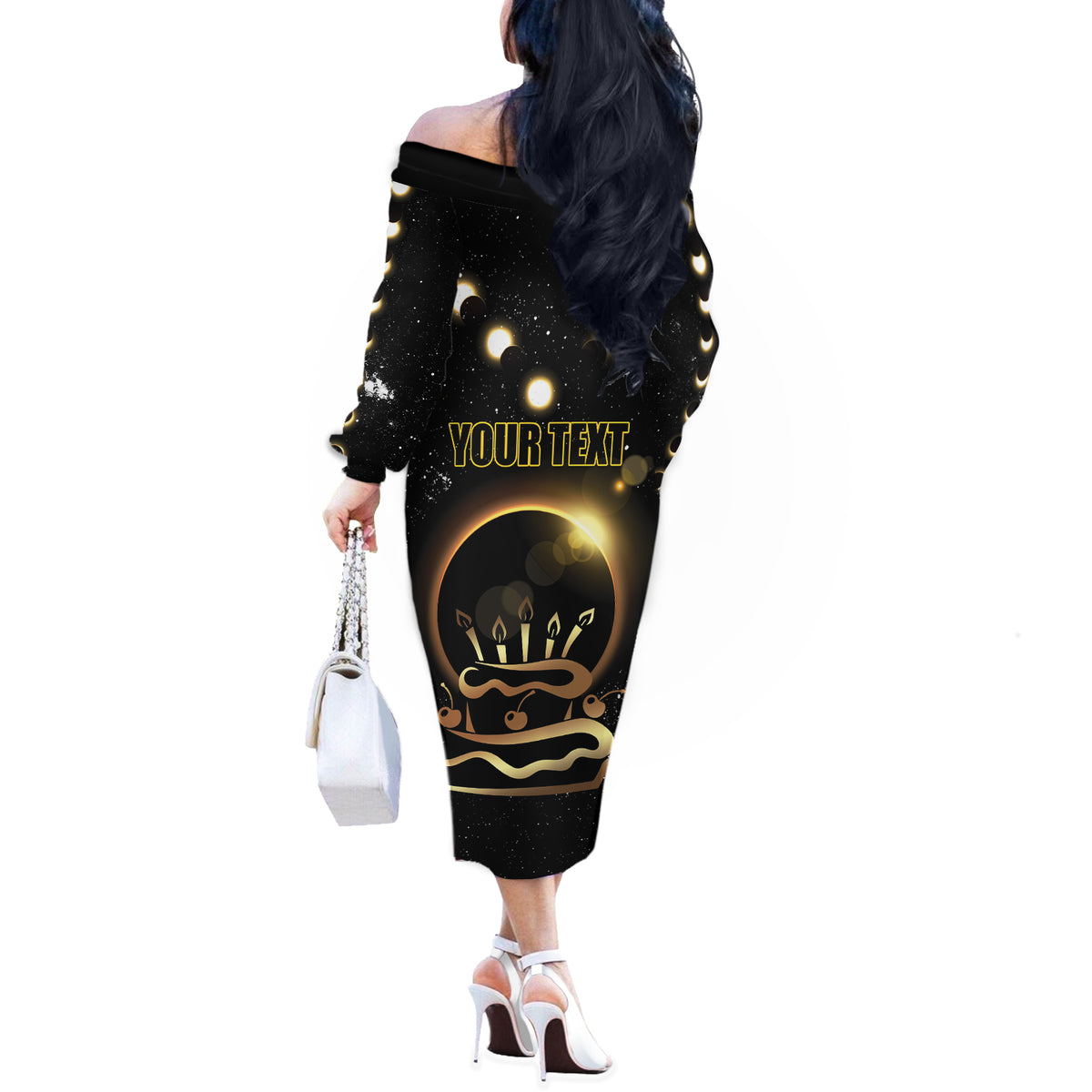 Personalized Total Solar Eclipse 2024 Off The Shoulder Long Sleeve Dress My Birthday Present From The Universe - Wonder Print Shop