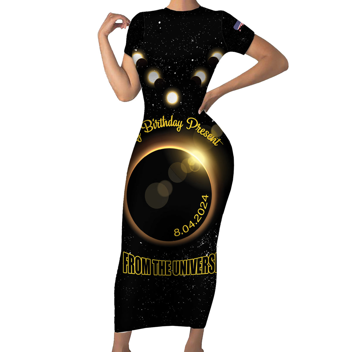 Personalized Total Solar Eclipse 2024 Short Sleeve Bodycon Dress My Birthday Present From The Universe - Wonder Print Shop