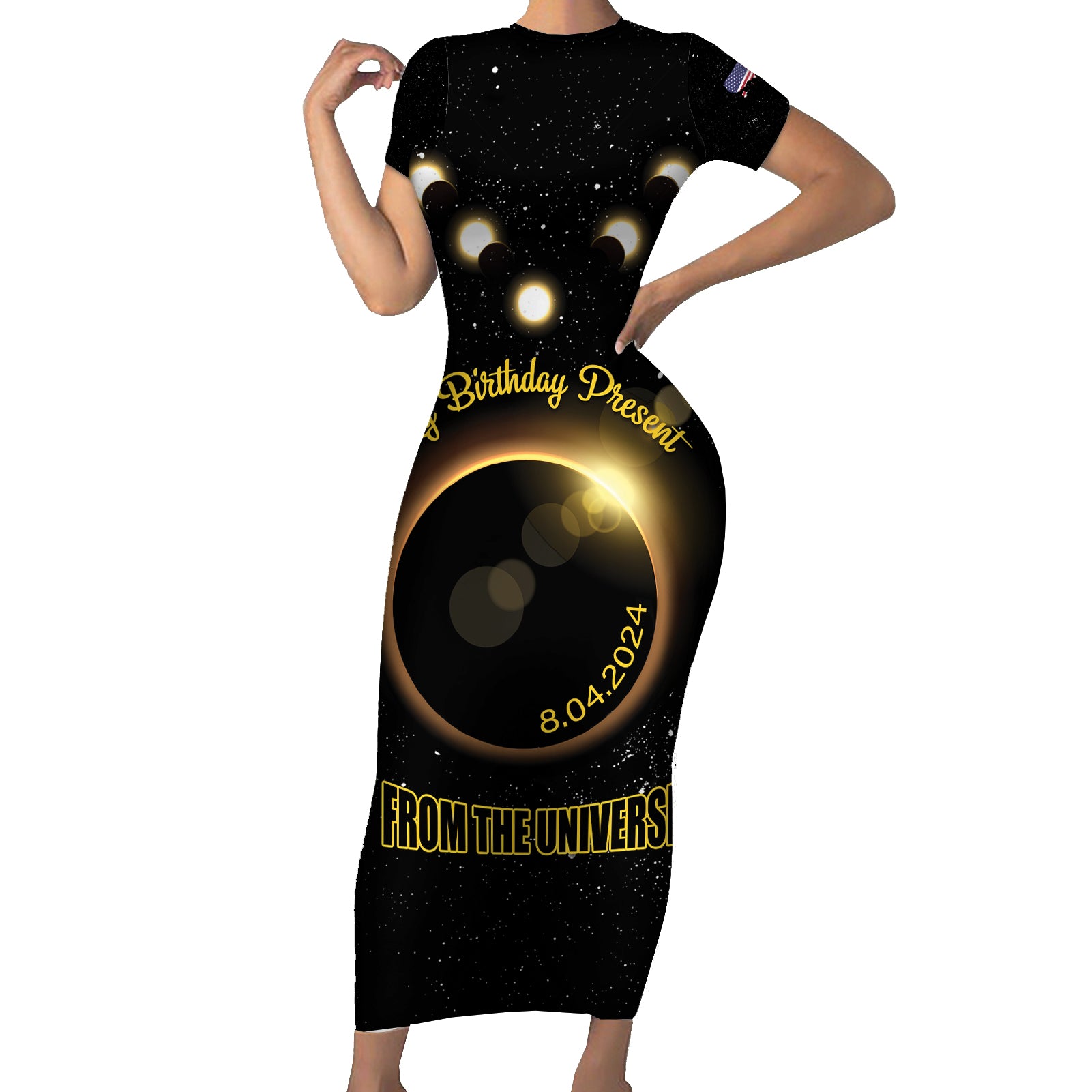 Personalized Total Solar Eclipse 2024 Short Sleeve Bodycon Dress My Birthday Present From The Universe - Wonder Print Shop