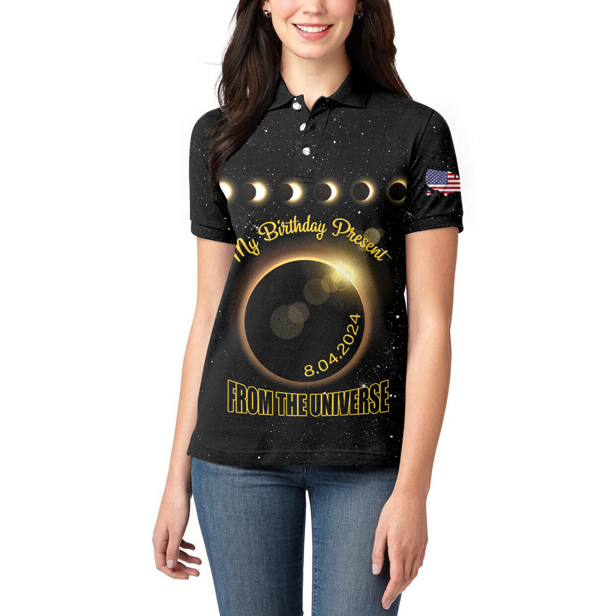 Personalized Total Solar Eclipse 2024 Women Polo Shirt My Birthday Present From The Universe - Wonder Print Shop