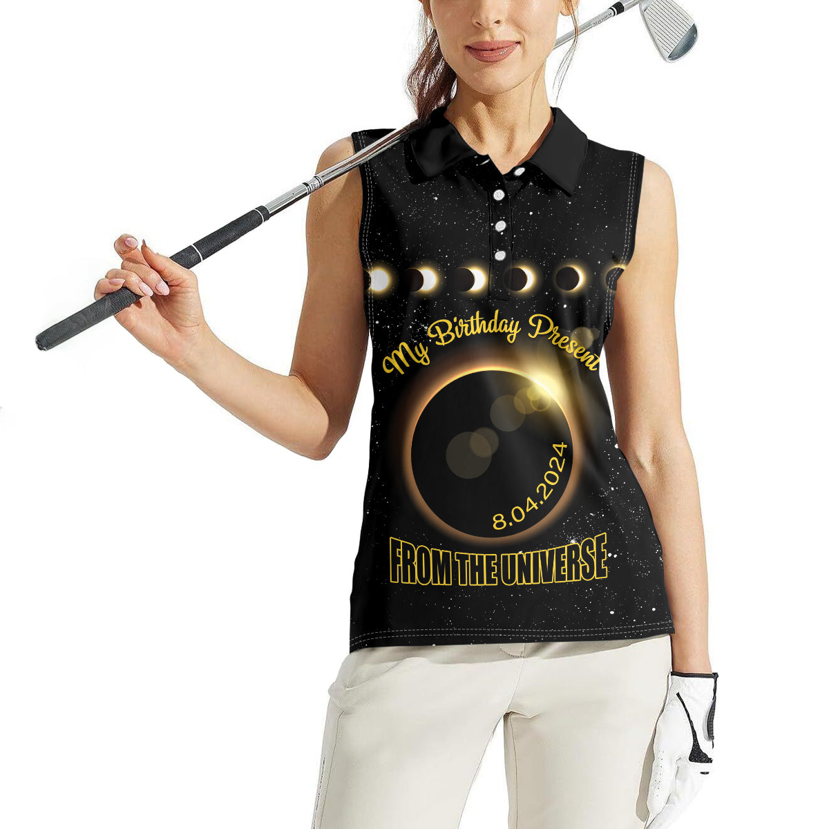 Personalized Total Solar Eclipse 2024 Women Sleeveless Polo Shirt My Birthday Present From The Universe - Wonder Print Shop