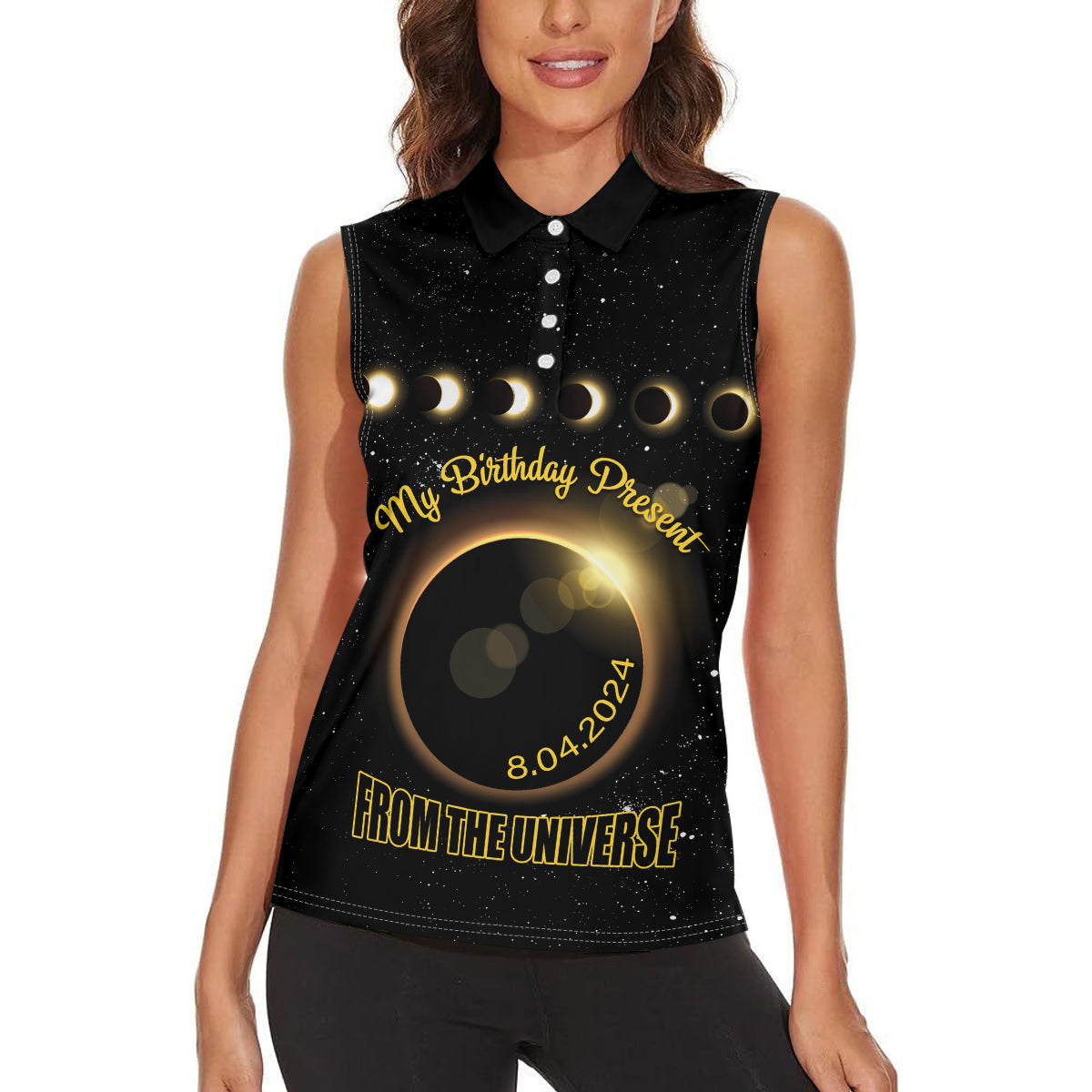 Personalized Total Solar Eclipse 2024 Women Sleeveless Polo Shirt My Birthday Present From The Universe - Wonder Print Shop