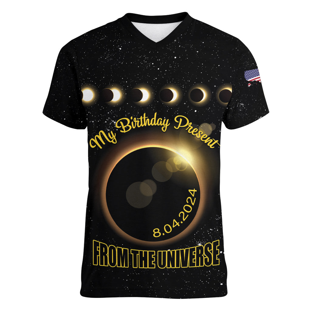 Personalized Total Solar Eclipse 2024 Women V-Neck T-Shirt My Birthday Present From The Universe - Wonder Print Shop