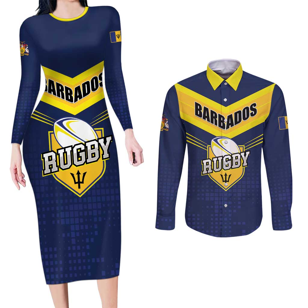 Custom Barbados Rugby Couples Matching Long Sleeve Bodycon Dress and Long Sleeve Button Shirt Team Barbados Trident Go Champions