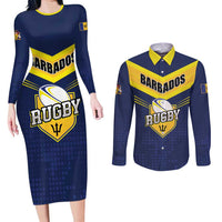 Custom Barbados Rugby Couples Matching Long Sleeve Bodycon Dress and Long Sleeve Button Shirt Team Barbados Trident Go Champions