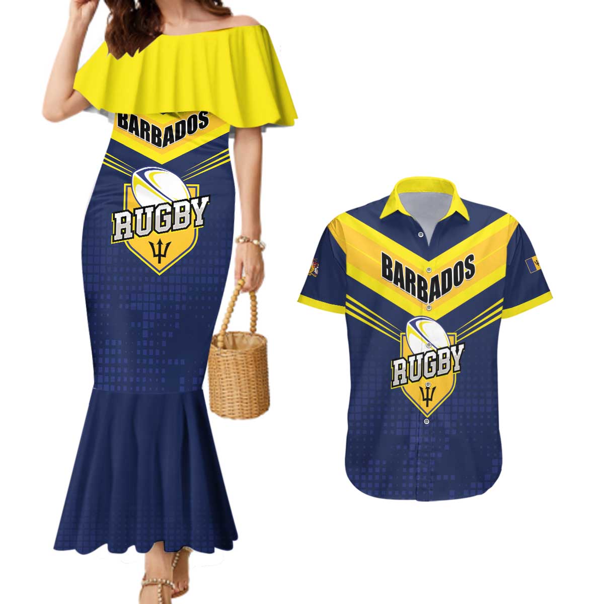 Custom Barbados Rugby Couples Matching Mermaid Dress and Hawaiian Shirt Team Barbados Trident Go Champions