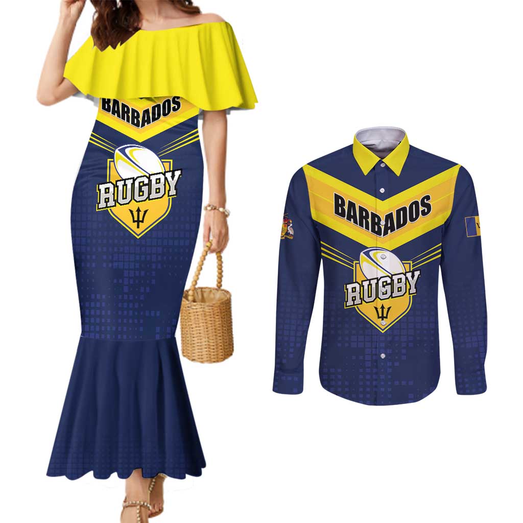 Custom Barbados Rugby Couples Matching Mermaid Dress and Long Sleeve Button Shirt Team Barbados Trident Go Champions