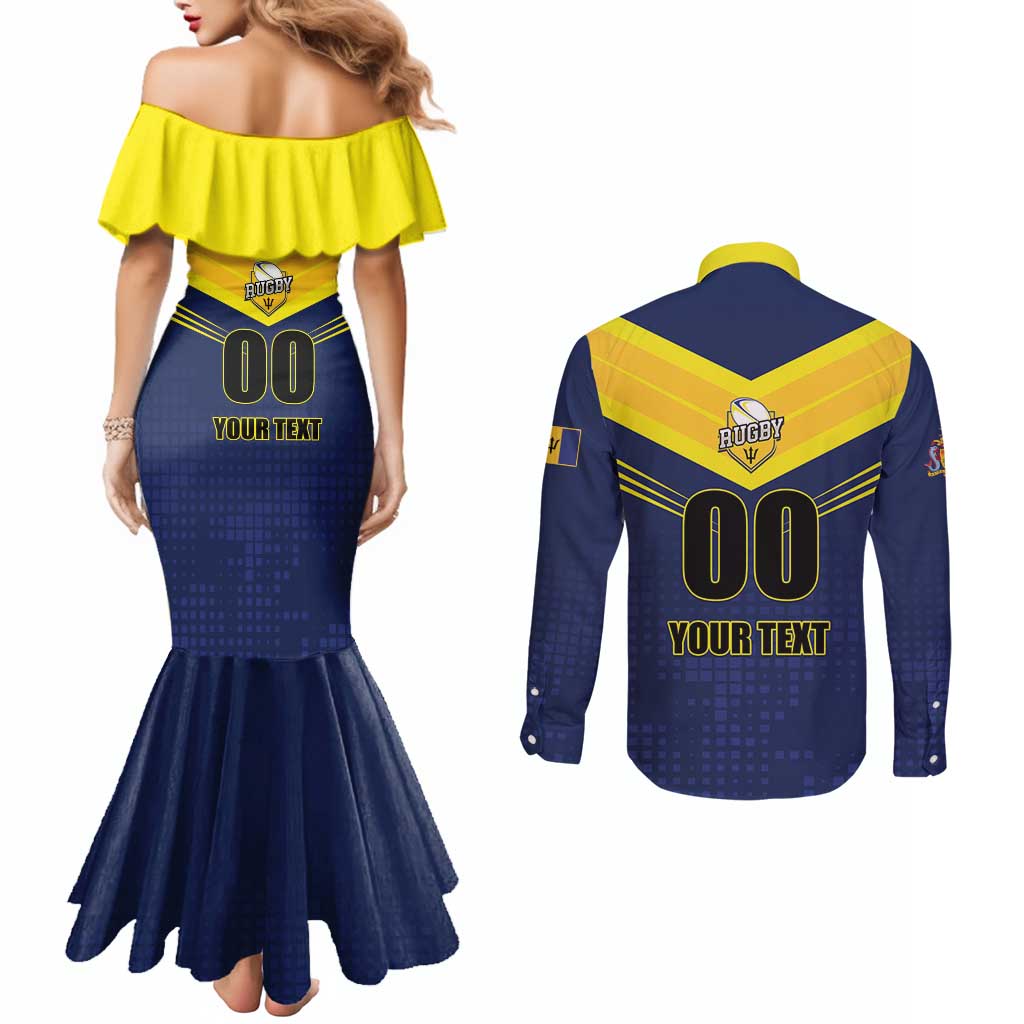 Custom Barbados Rugby Couples Matching Mermaid Dress and Long Sleeve Button Shirt Team Barbados Trident Go Champions