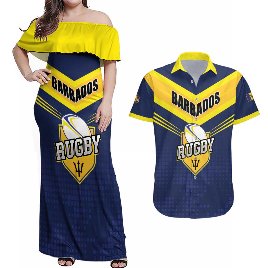 Custom Barbados Rugby Couples Matching Off Shoulder Maxi Dress and Hawaiian Shirt Team Barbados Trident Go Champions