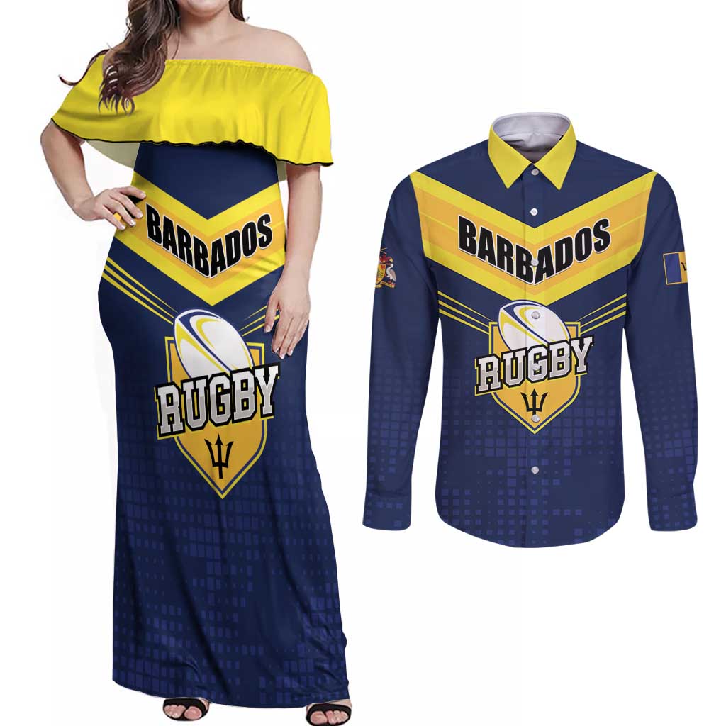 Custom Barbados Rugby Couples Matching Off Shoulder Maxi Dress and Long Sleeve Button Shirt Team Barbados Trident Go Champions
