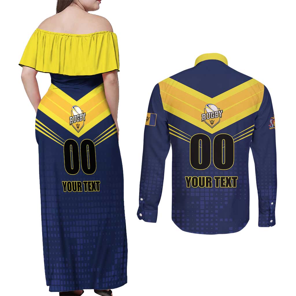 Custom Barbados Rugby Couples Matching Off Shoulder Maxi Dress and Long Sleeve Button Shirt Team Barbados Trident Go Champions