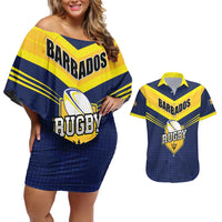 Custom Barbados Rugby Couples Matching Off Shoulder Short Dress and Hawaiian Shirt Team Barbados Trident Go Champions